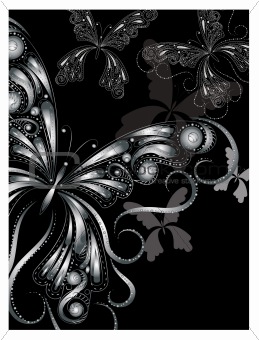 vector vintage silver butterflies with floral ornament on black