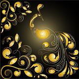 vector floral  background with peacock in gold on black