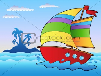 Cartoon sailboat near small island