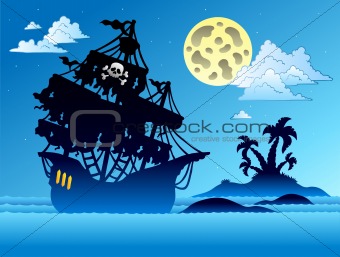 Pirate ship silhouette with island
