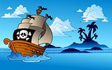Pirate ship with island silhouette