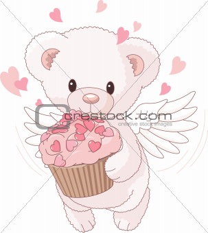 Teddy bear angel bringing the love cupcake