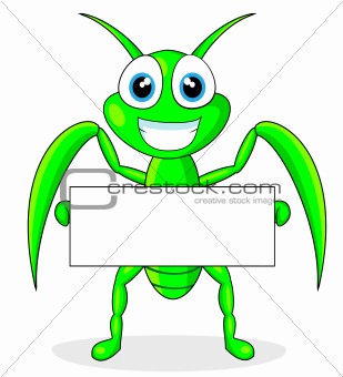 cute praying mantis holding a blank sign