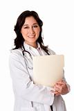 Happy Doctor with patient chart file dossier