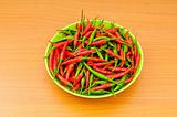 Hot peppers in the plate on wooden table