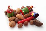 Mixed nuts with party blowers and poppers.