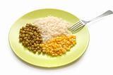 Vegetarian food: rice, green peas and sweet corn