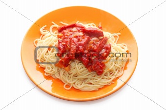 Spaghetti and meat with ketchup in orange plate