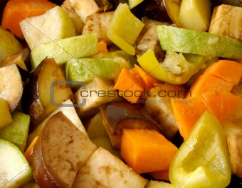 Stewed vegetables: potatos, carrots, aubergines, vegetable marro