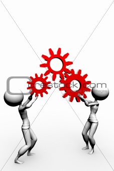 two 3d humans keep gears in hand