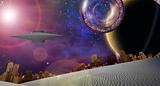 Large interstellar city ship near ringed planet