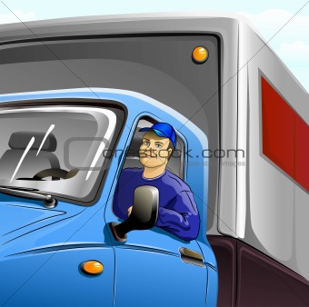 driver in booth of truck