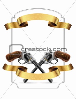 gun revolver crossed with gold ribbon and frame