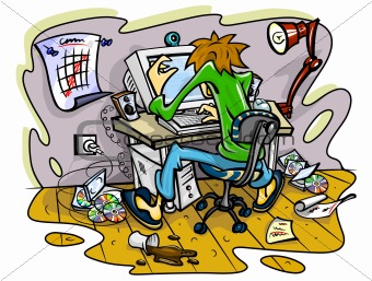hacker working on computer in jumble room