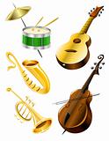 Drum, guitar, tramble, sax, kontrabas music instruments