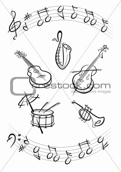 Drum, guitar, trumpet, sax, kontrabas music instruments black