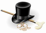 set of retro accessories with hat walkingstick and pince-nez poi