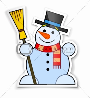 sticker of smiling snowman in top hat with broom