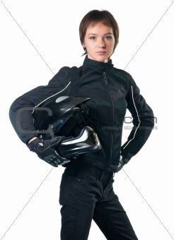 Young woman in black motorcycle clothing