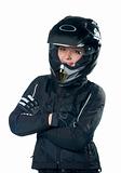 Woman in motorcycle clothing