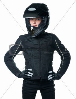 Woman in motorcycle clothing