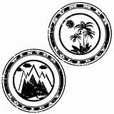 Grunge rubber stamp with mountain and palms for holiday