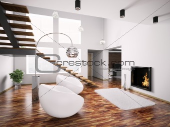Modern interior with fireplace and staircase 3d