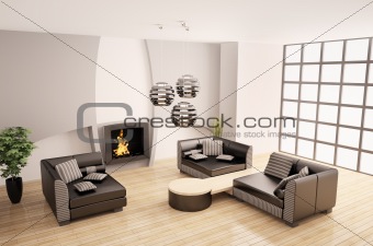 Modern interior with fireplace 3d