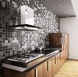 Modern ebony wood kitchen interior 3d