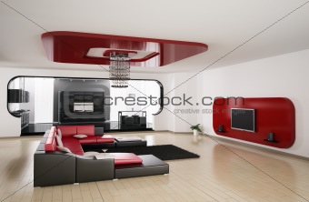 Living room, kitchen 3d render