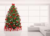 Christmas tree with red decorations in white interior 3d render