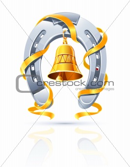 metallic horseshoe with gold bell and ribbon