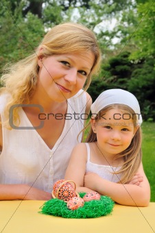 Young mother and daughter having Easter time