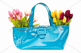 Bag and flowers isolated on the white background