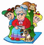 Cartoon grandma with two kids