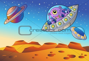 Red planet with flying saucers