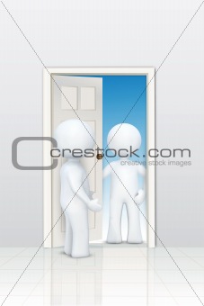 3d characters welcoming at door