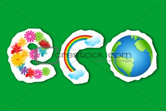 eco text in flower, rainbow and globe