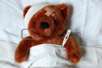 sick teddy with injury in bed