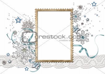 Winter framework for invitations or photo with glass snowflakes,