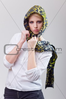 attractive blond girl in scarf and white shirt