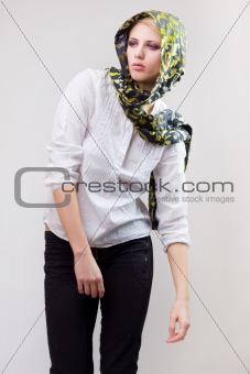 attractive blond girl in scarf and white shirt