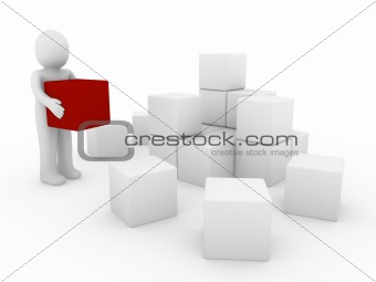3d human cube box red white 