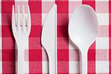 plastic cutlery on checkered tablecloth