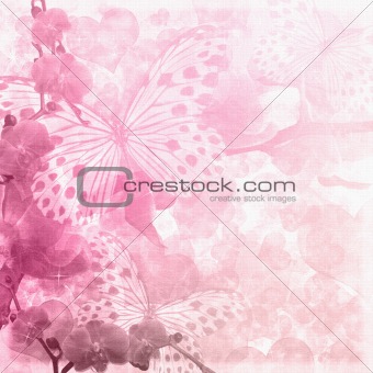 Butterflies and orchids flowers  pink background ( 1 of set)