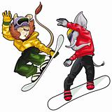 Savannah animals on snowboard.