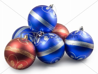 Six christmas balls, red and blue