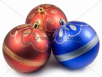 Three christmas balls, red and blue