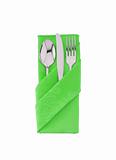 fork ,knife and spoon on green cloth isolated on white backgroun