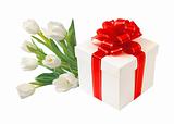 white tulips and gift box with red bow isolated on white backgro
